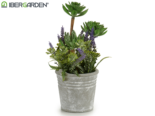 Planta artifi flores maceta cemento peq