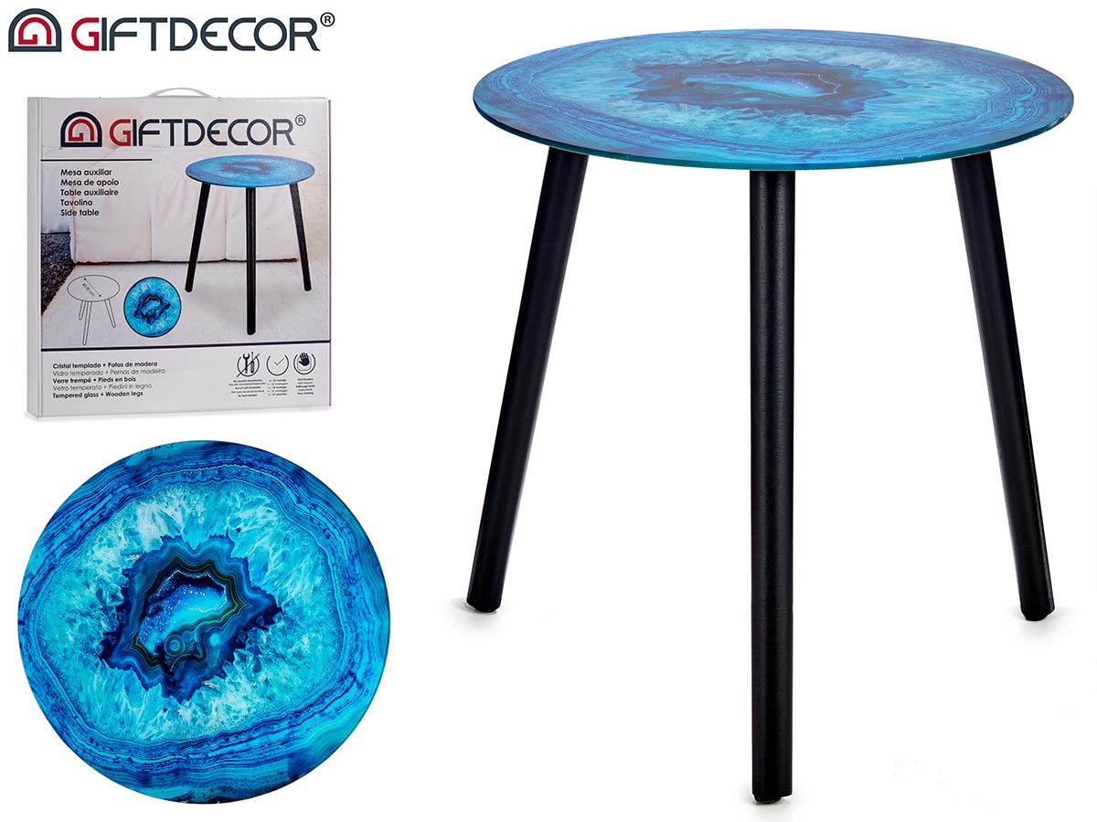 Mesa cristal efecto marmol turquesa patas negras