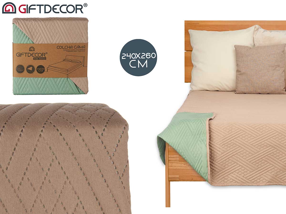 Colcha cama reversible 240x260 natural verde mar