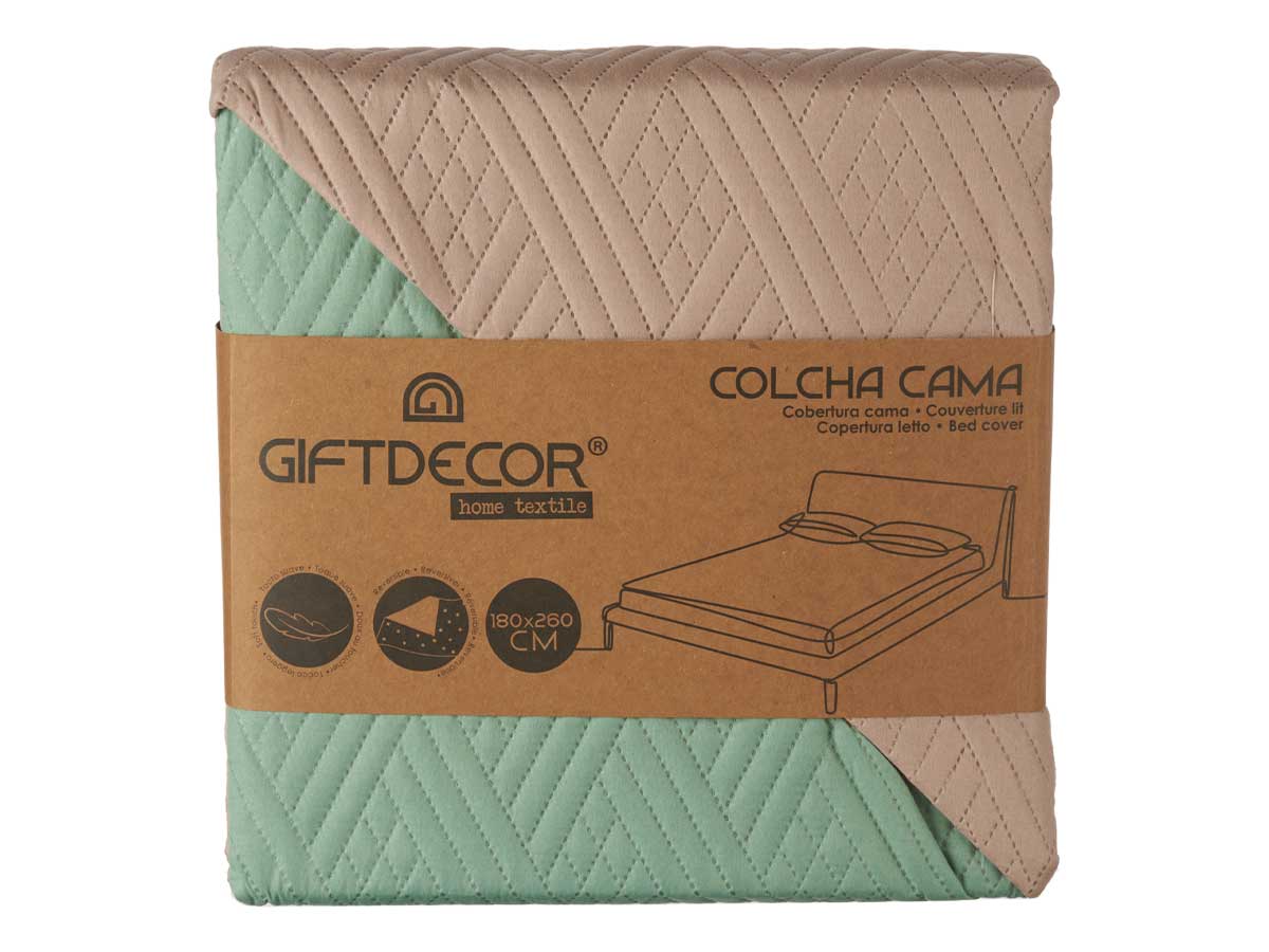 Colcha cama reversible 240x260 natural verde mar - Imagen 3