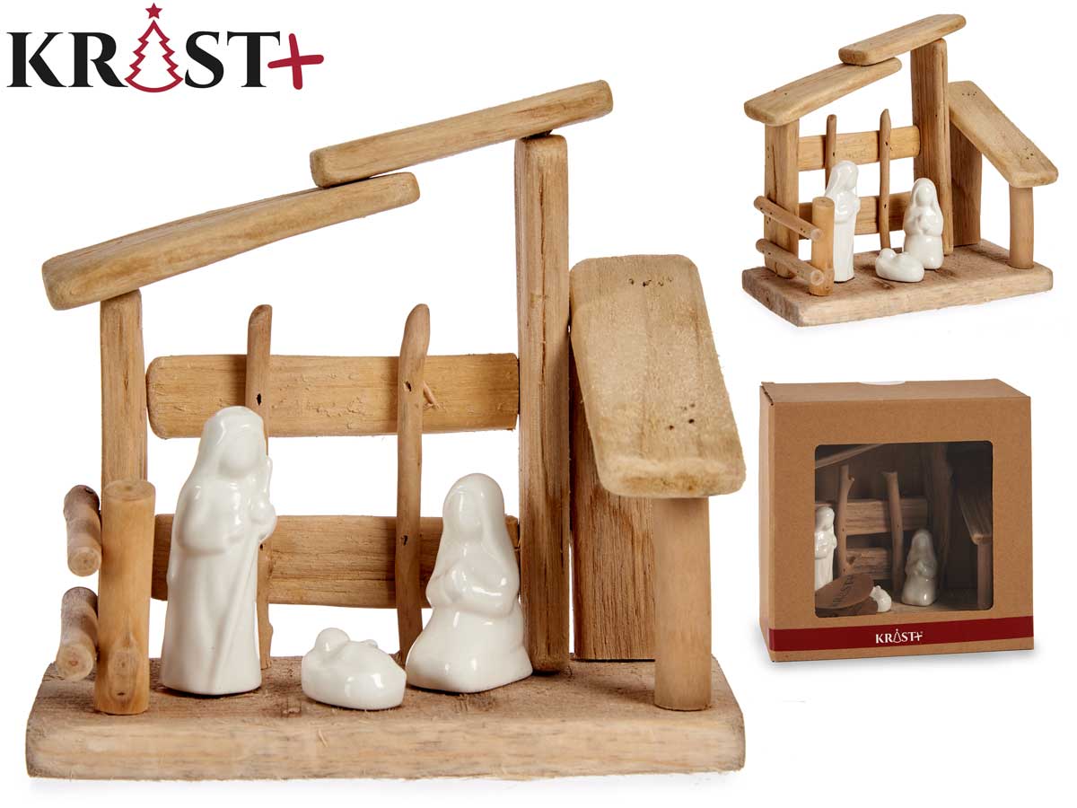 Nacimiento madera 3 figuras tejado recto peq