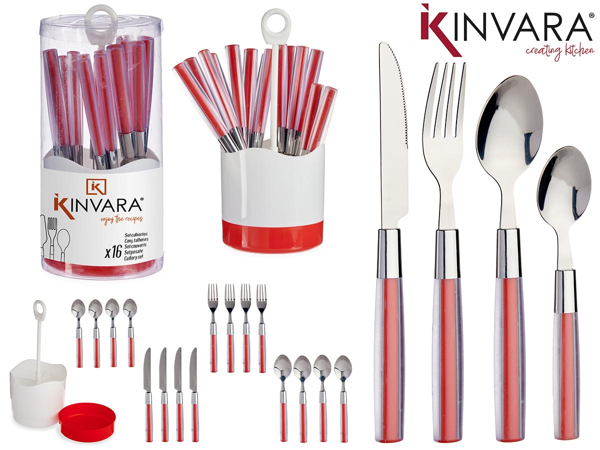 Set 16 cubiertos acero inoxid mango ps rojo