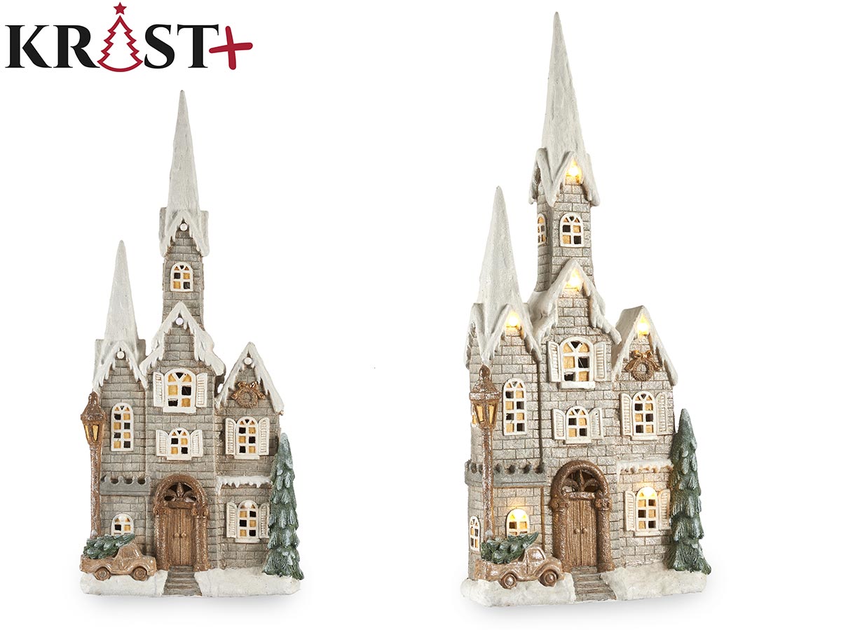 Casa navideña gris grande con torre luz led