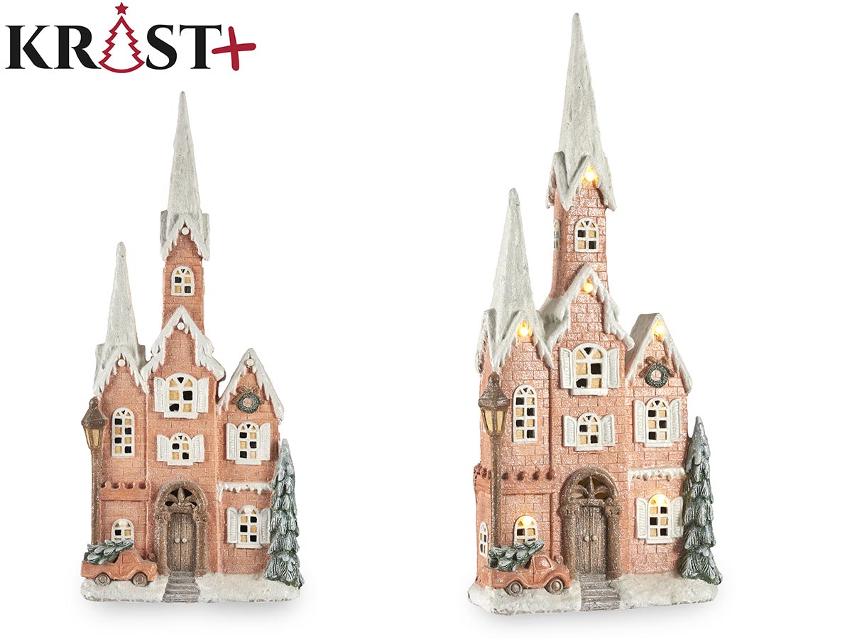 Casa navideña rosa grande con torre luz led