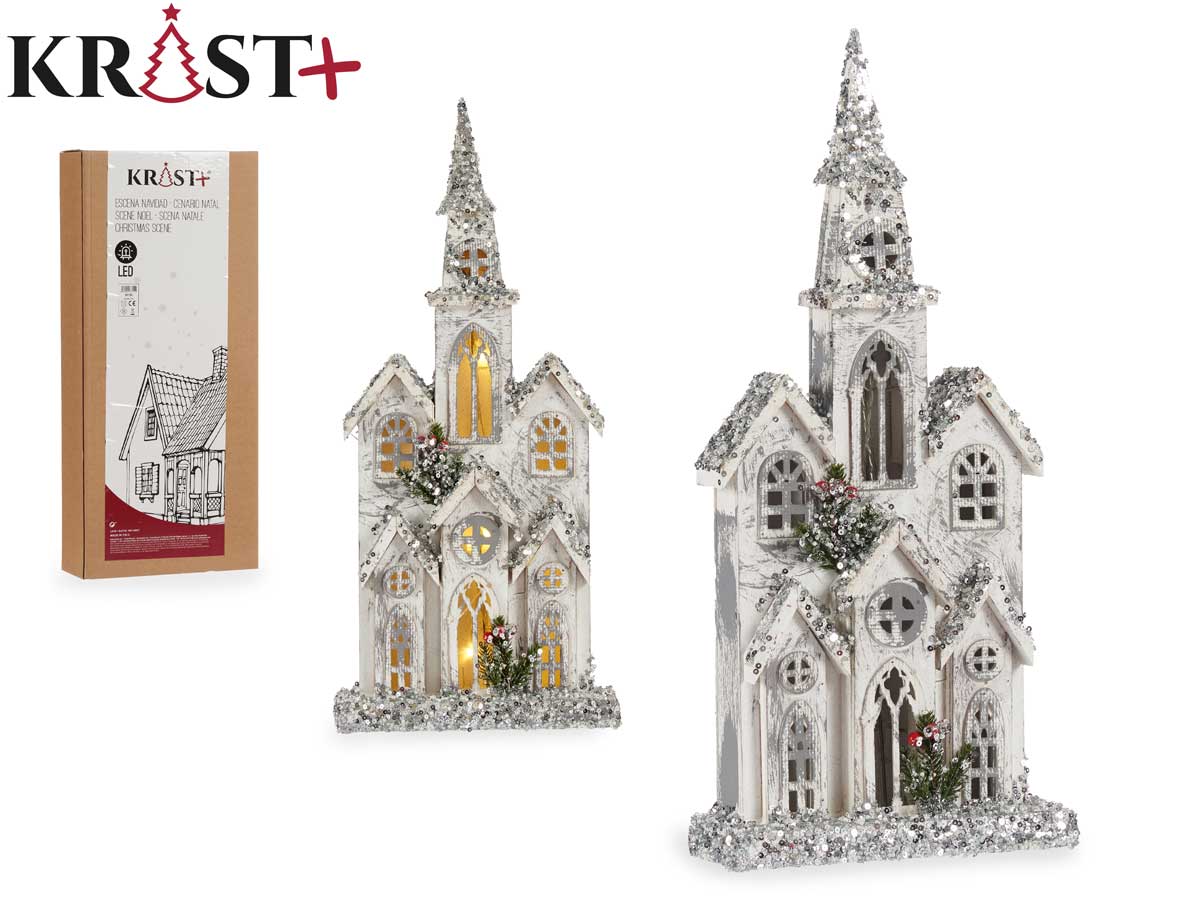 Casa madera gigante blanca con luz y purpurina