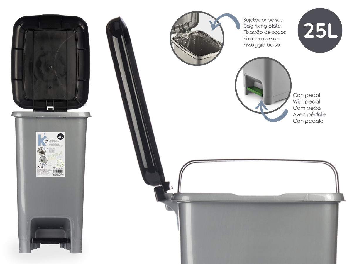 Papelera plastico 25l reciclaje pedal negra - Imagen 4