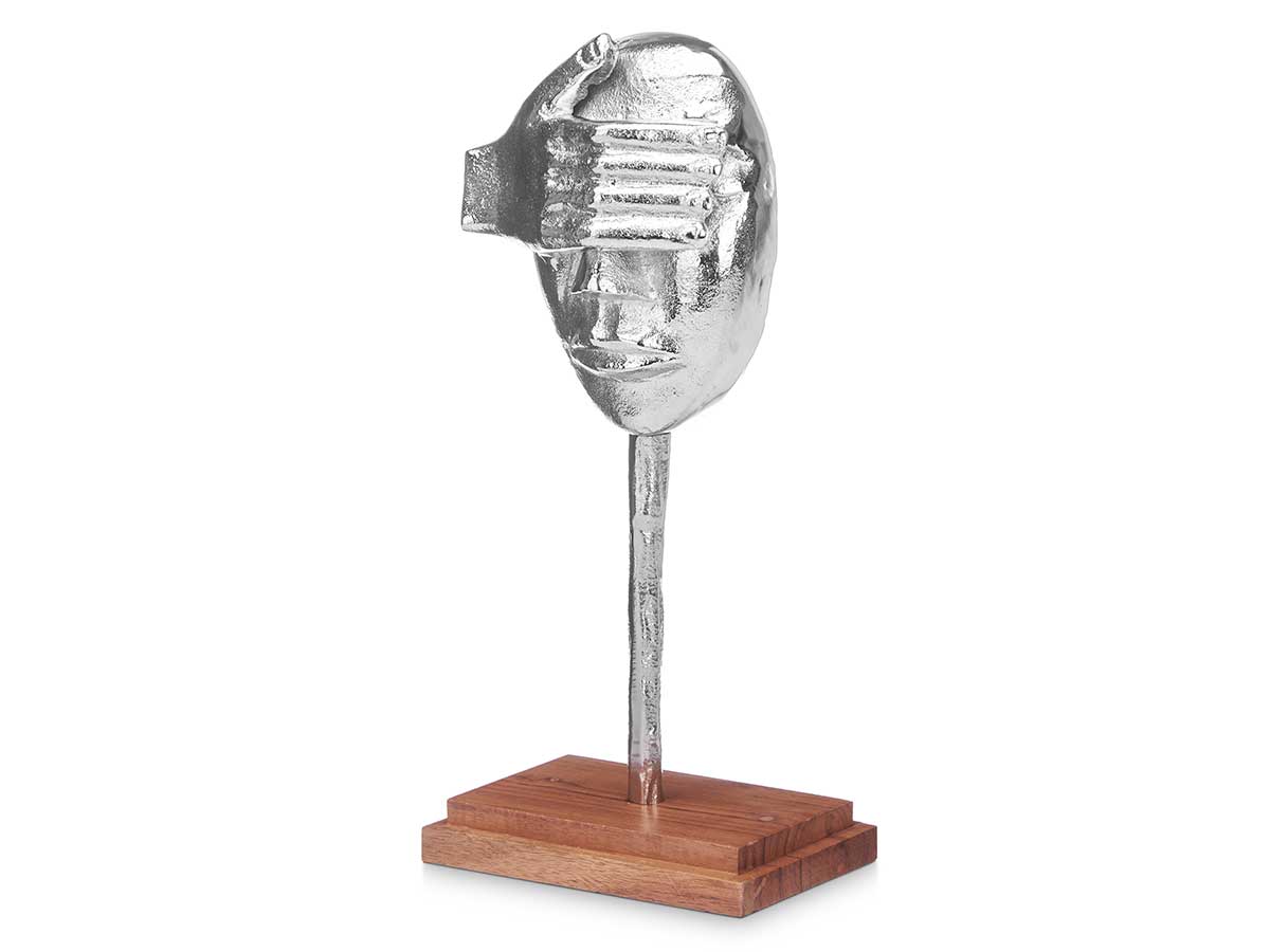 Figura metal mano ojos plata con soporte madera - Imagen 2