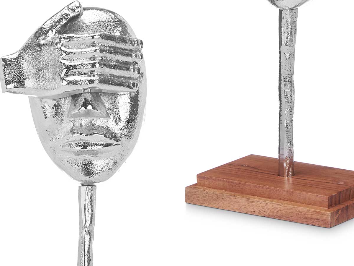 Figura metal mano ojos plata con soporte madera - Imagen 3