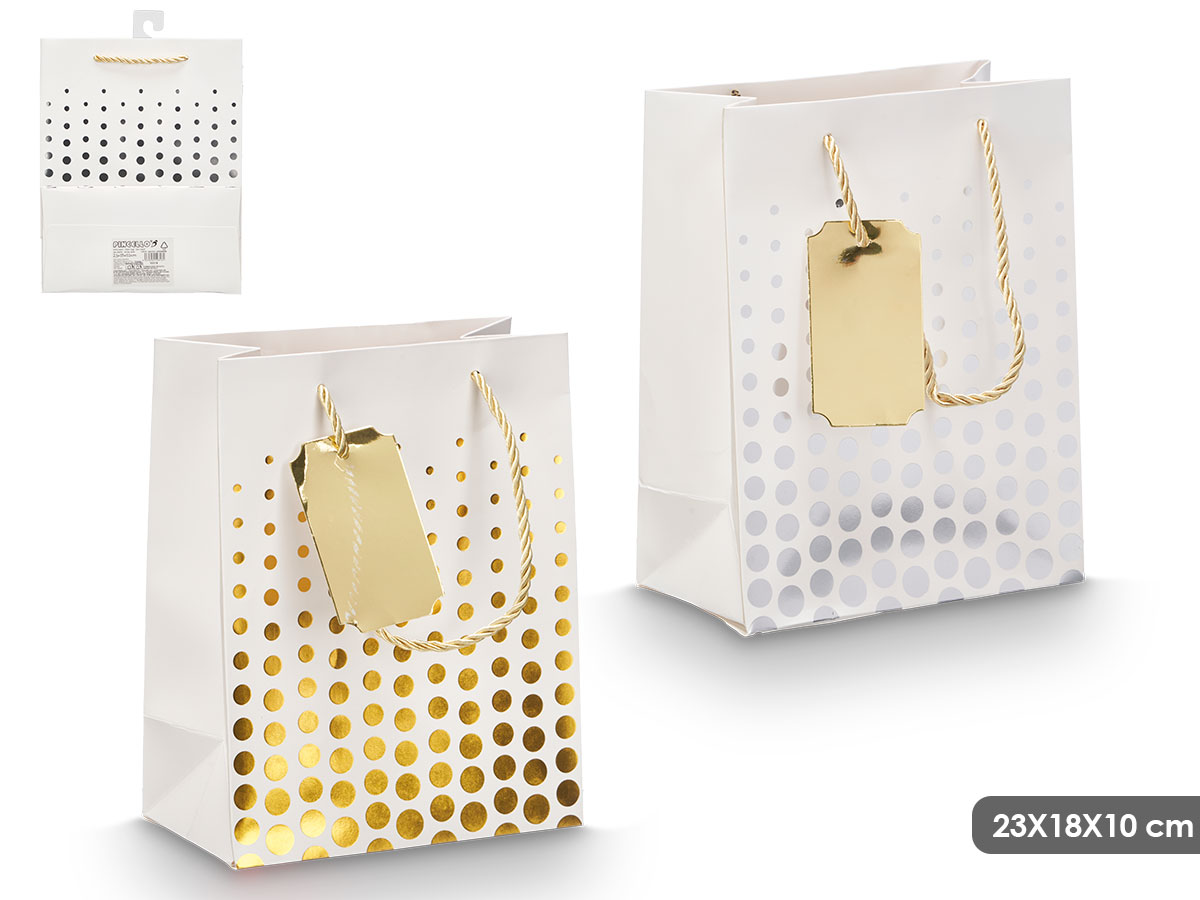 Bolsa asa puntos oro plata 23x18x10cm