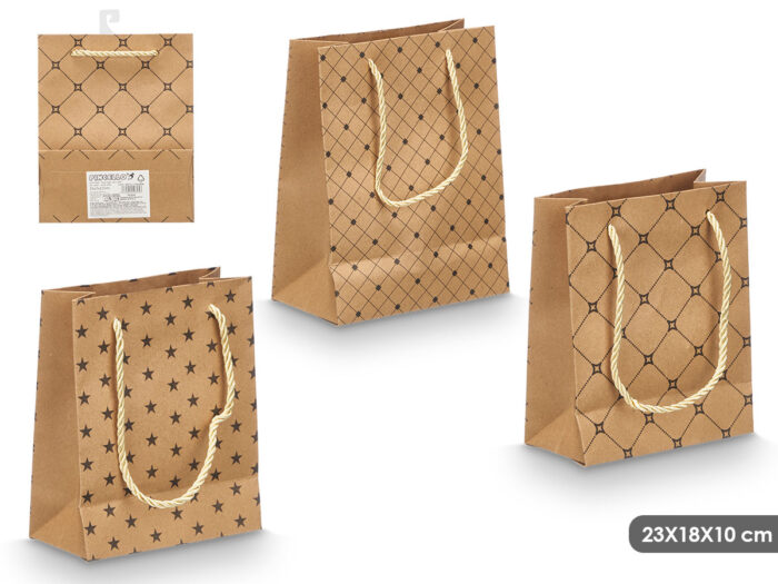 Bolsa asa kraft surt 3 estampados 23x18x10cm