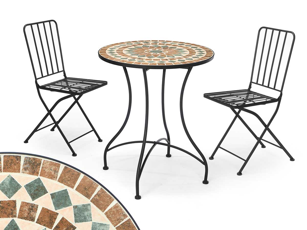Set mesa mosaico marron 2 sillas forja negra