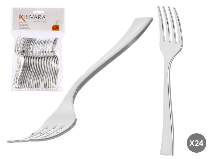 Set 24 tenedor postre plastico plateado