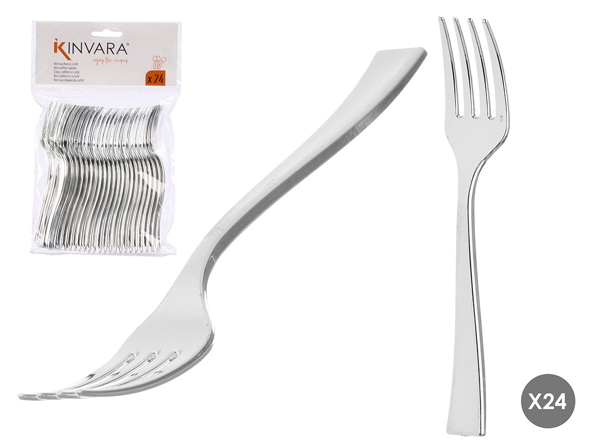Set 24 tenedor postre plastico plateado