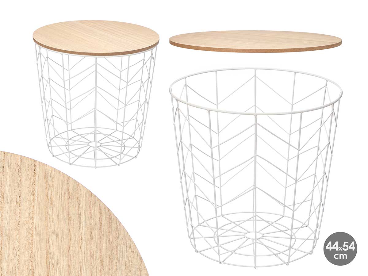 Mesa auxiliar acero tapa madera blanca 44x54cm