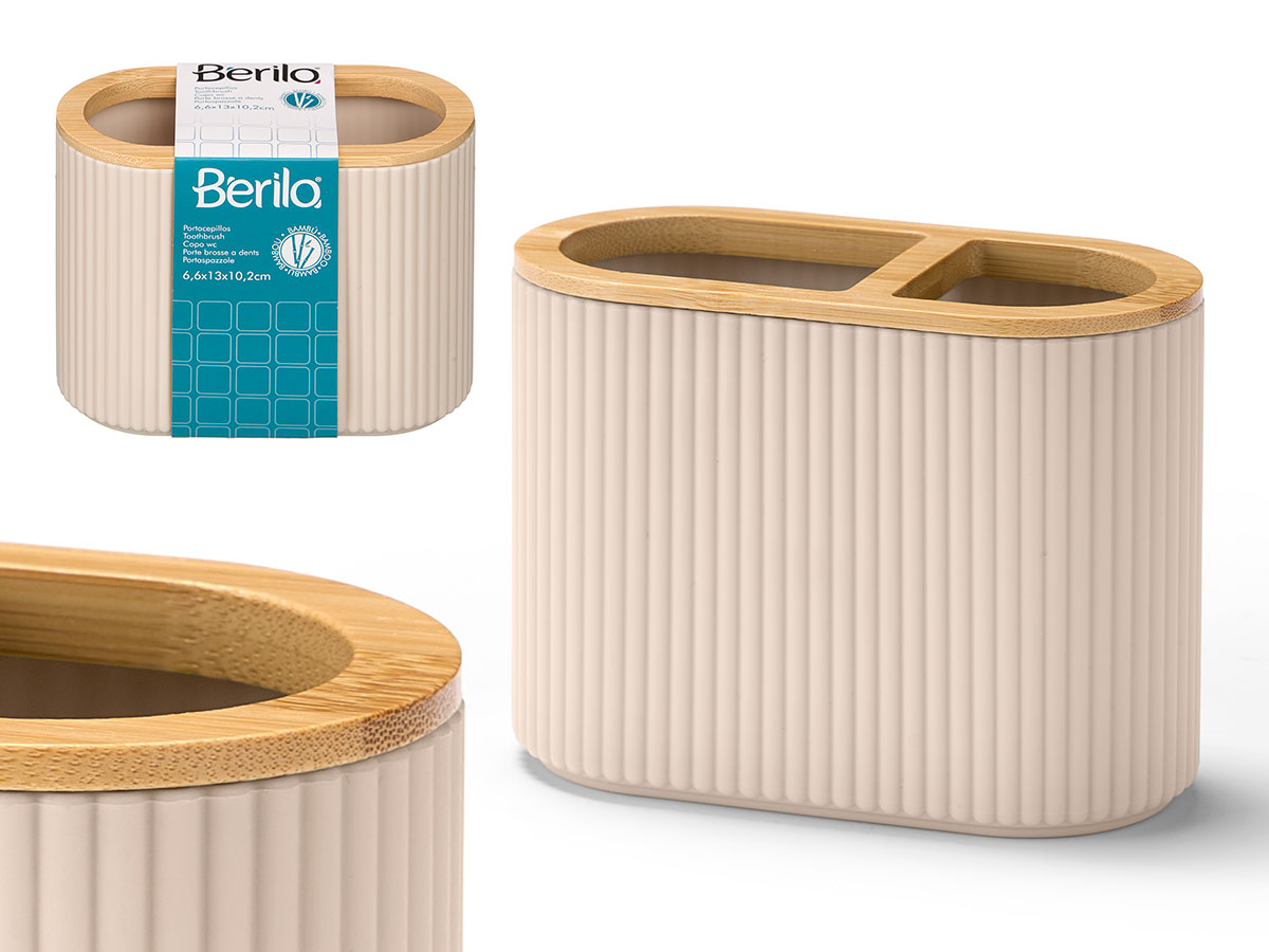 Portacepillos rayas doble bambu beige
