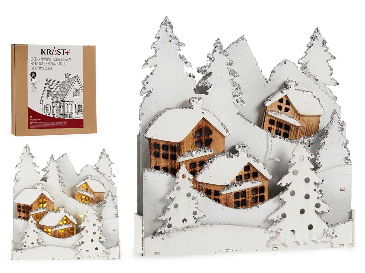Pueblo madera blanca con arbol y purpurina luz