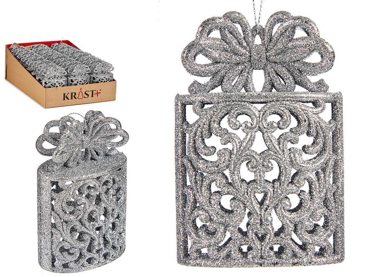 Adorno arbol navidad caja regalo plata