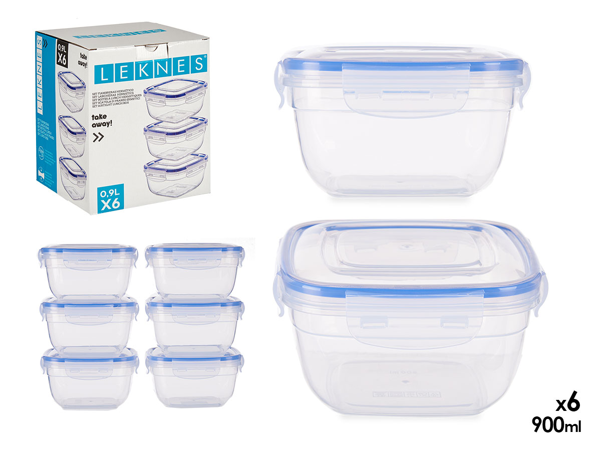 Set 6 fiambreras plastico cuadradas 900ml