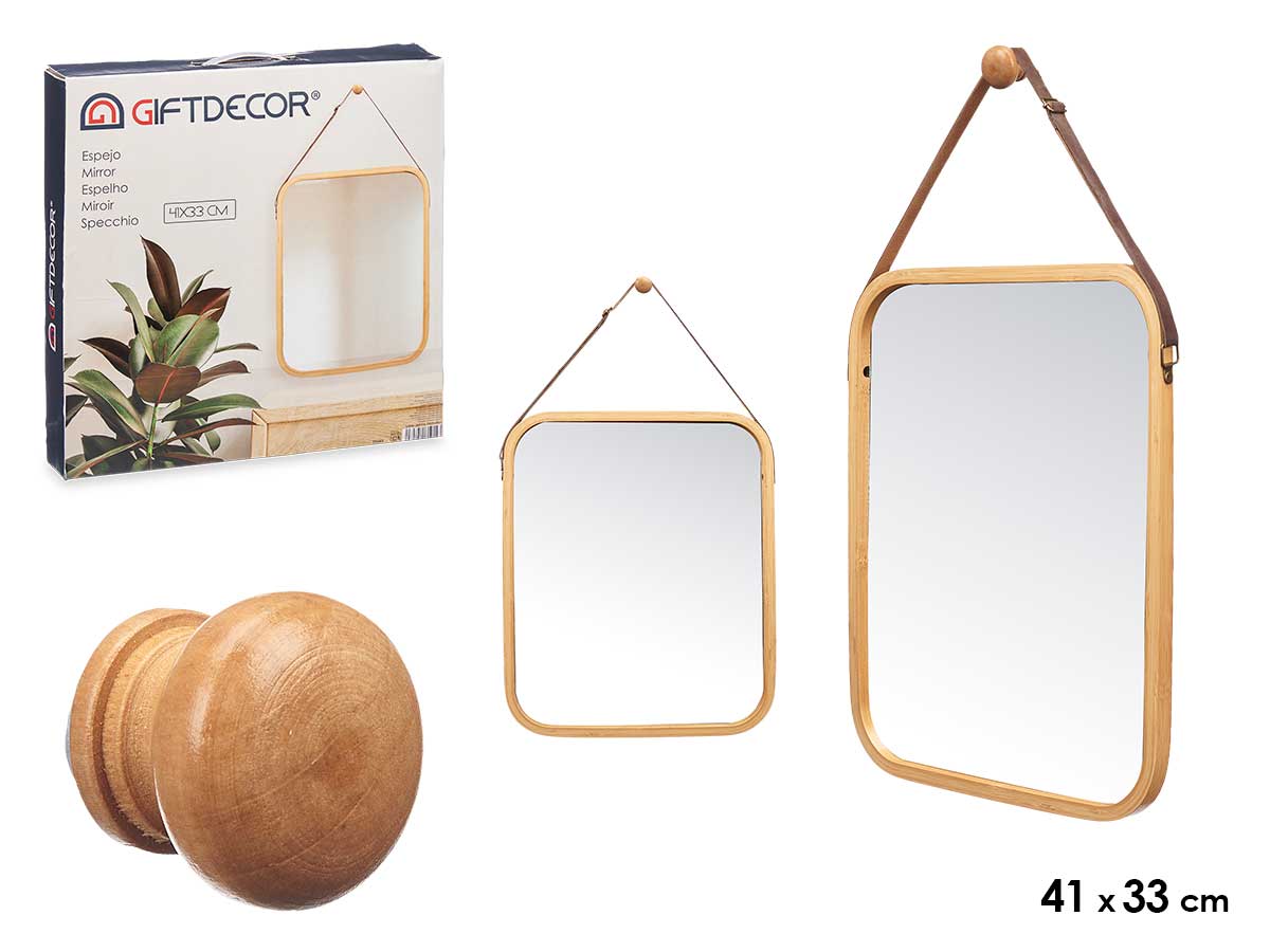 Espejo bambu rectangular 41x33cm correa cuero