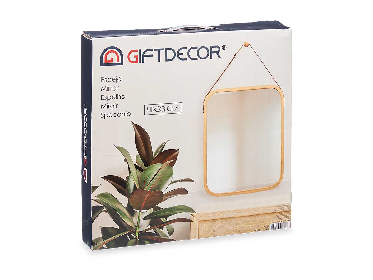 Espejo bambu rectangular 41x33cm correa cuero - Imagen 3
