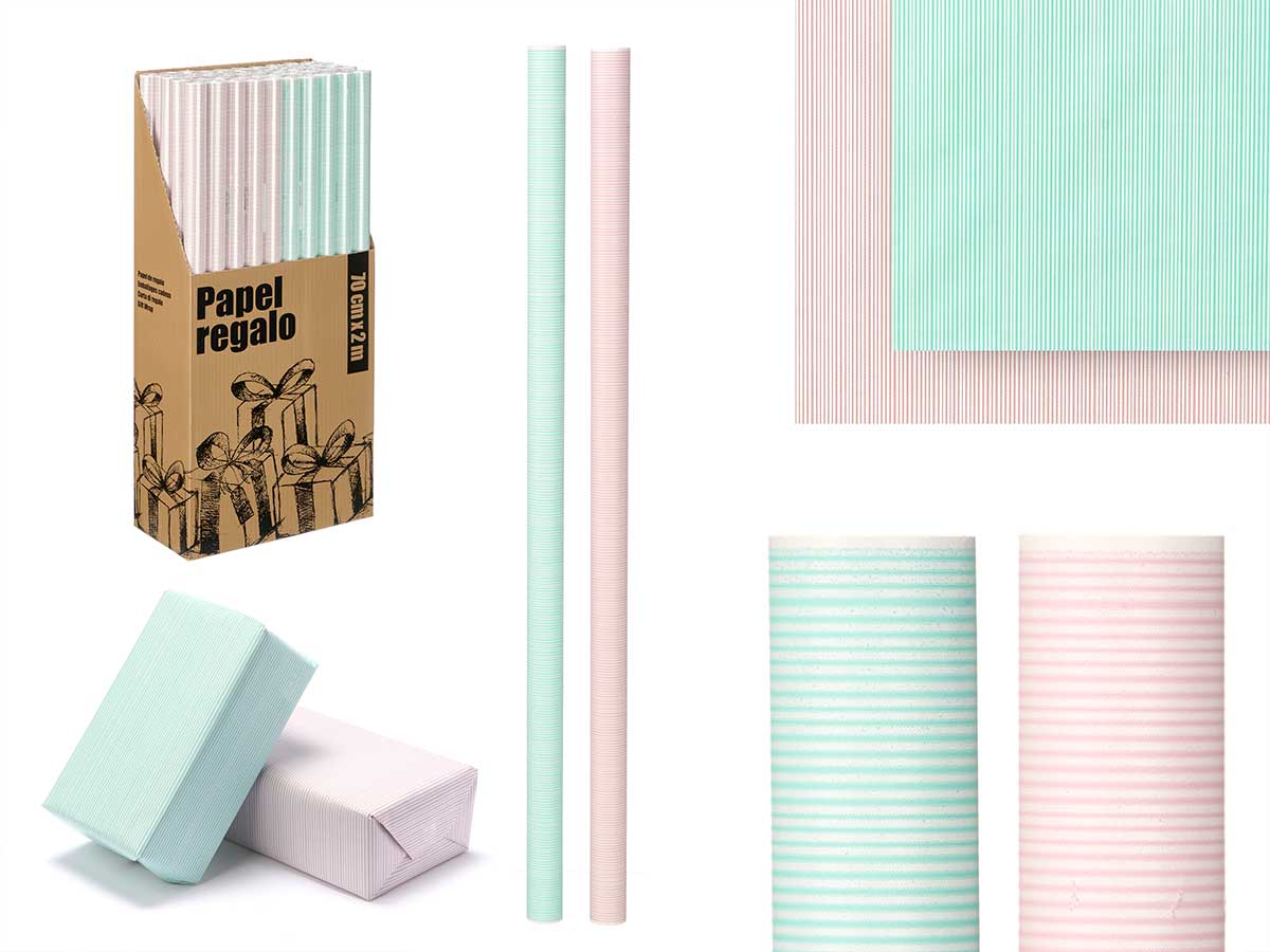 Rollo papel regalo 70x200 rayas rosa palo menta