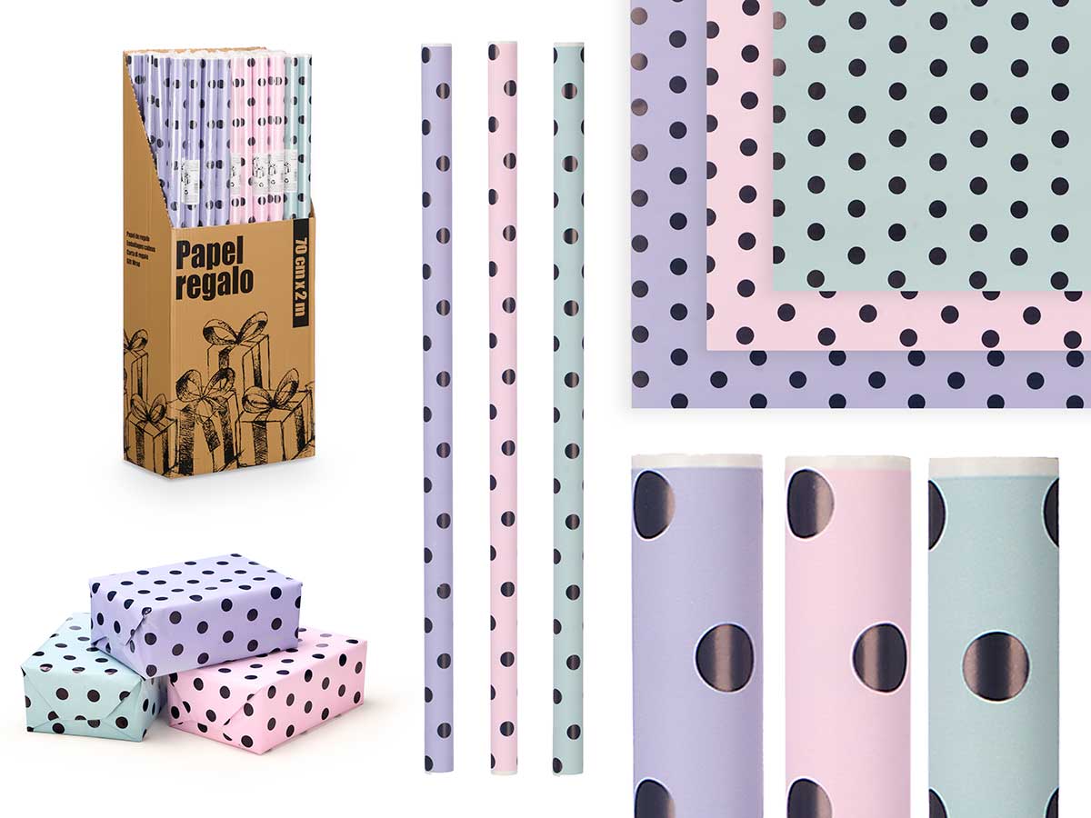 Rollo papel regalo 70x200 lunares surt 3 colores