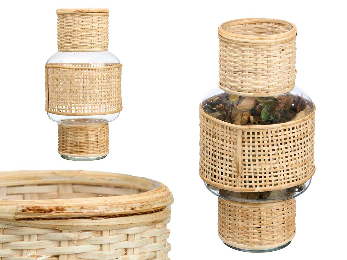 Portavela forma vidrio rattan