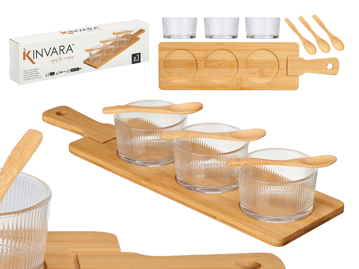 Set 3 bol cristal con cuchara y bandeja bambu