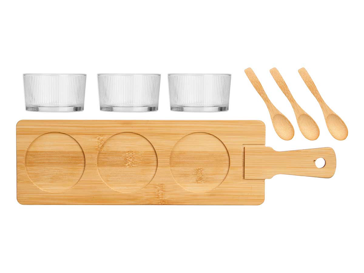 Set 3 bol cristal con cuchara y bandeja bambu - Imagen 2