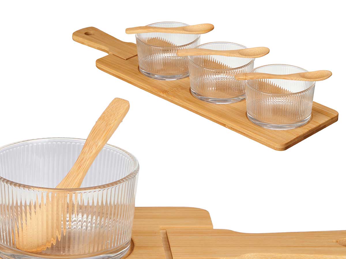 Set 3 bol cristal con cuchara y bandeja bambu - Imagen 4