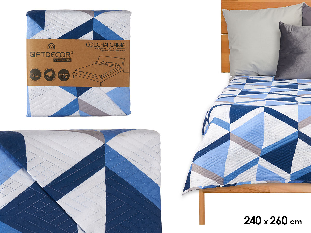 Colcha cama reversible 240x260 triangulos azules