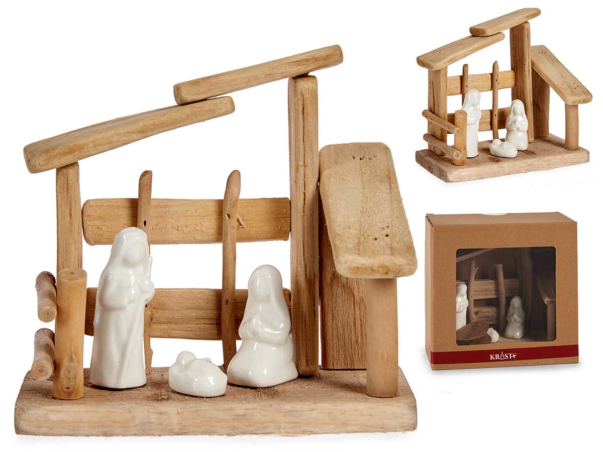 Nacimiento madera 3 figuras tejado recto peq
