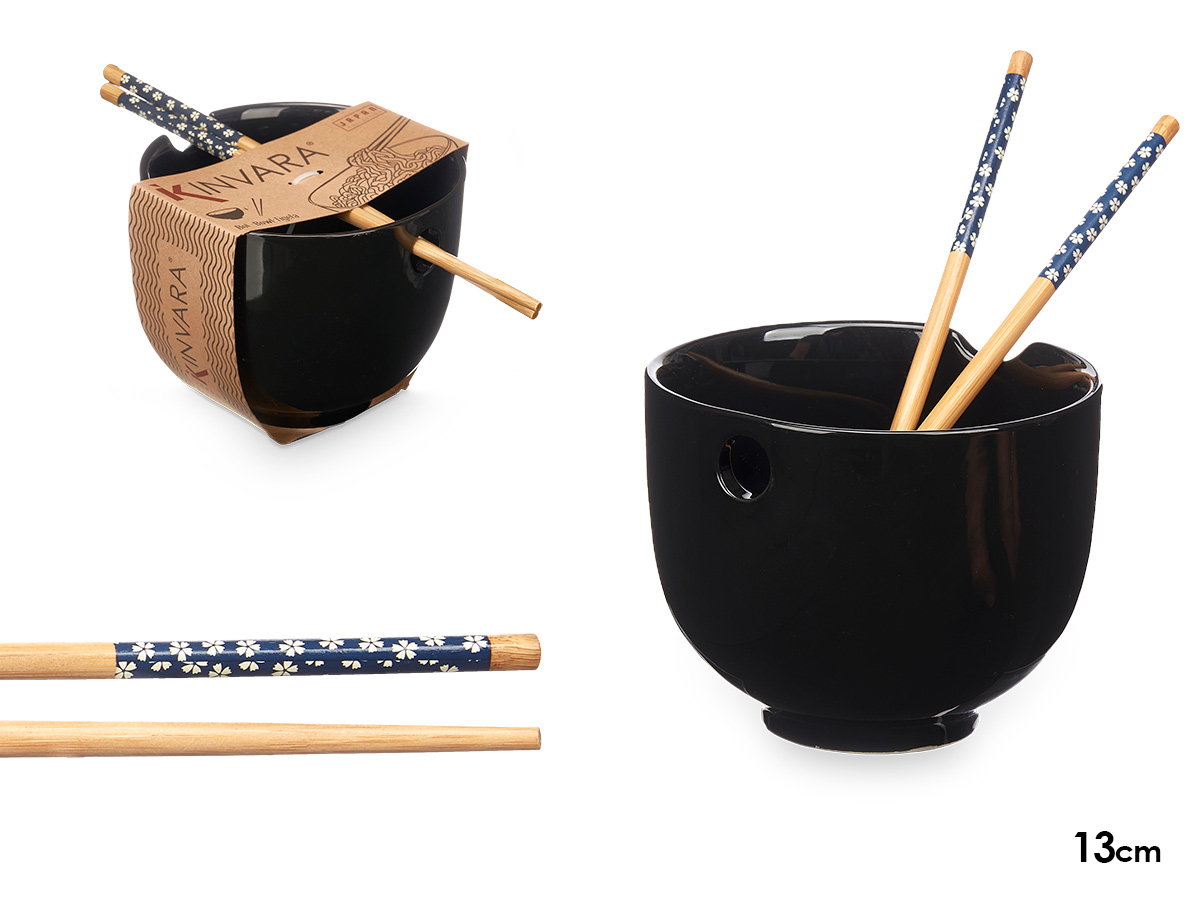 Bowl gres asiatico negro palillos bambu