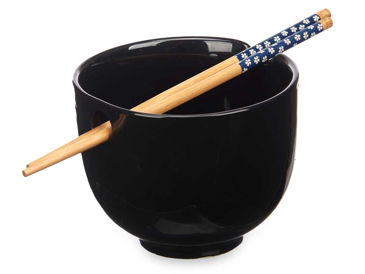 Bowl gres asiatico negro palillos bambu - Imagen 2