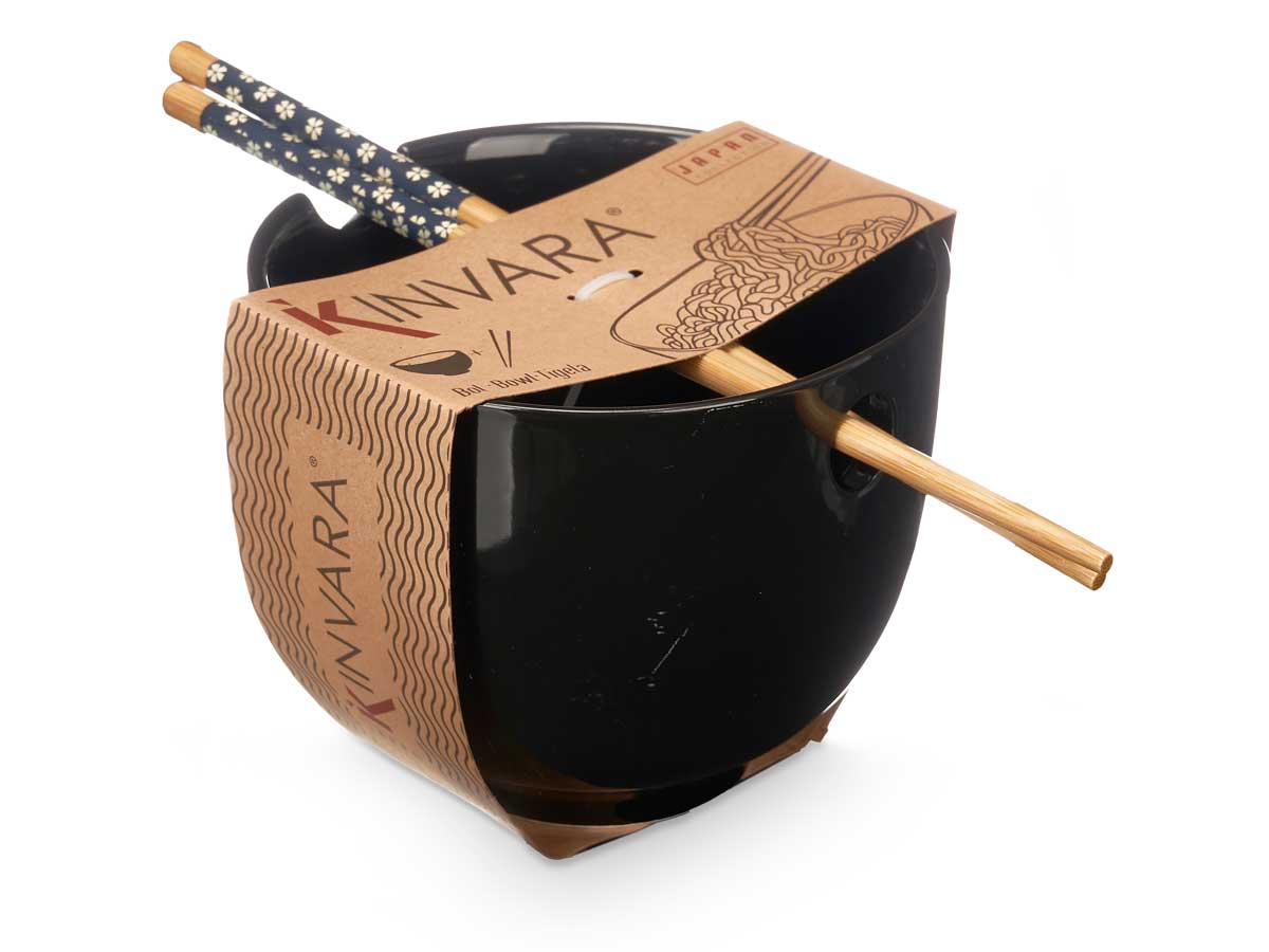 Bowl gres asiatico negro palillos bambu - Imagen 3