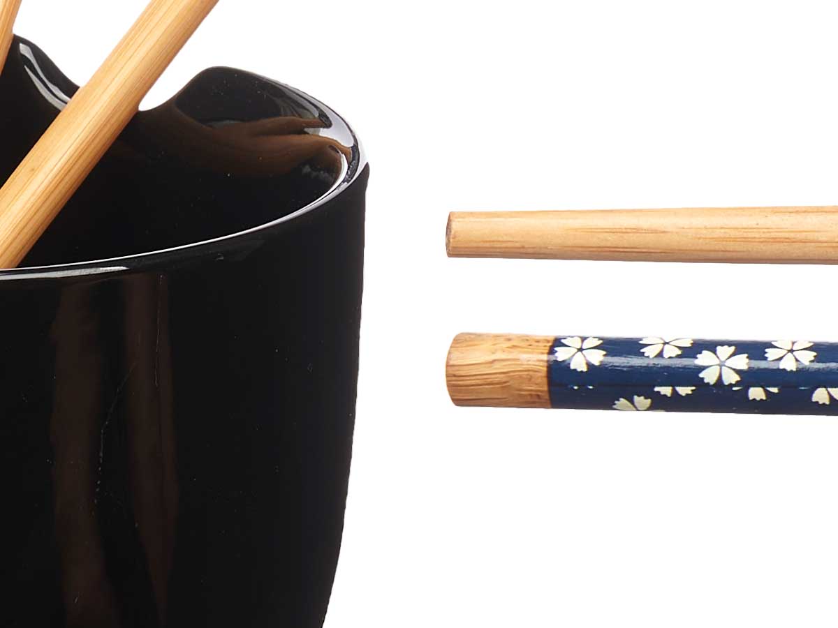 Bowl gres asiatico negro palillos bambu - Imagen 4