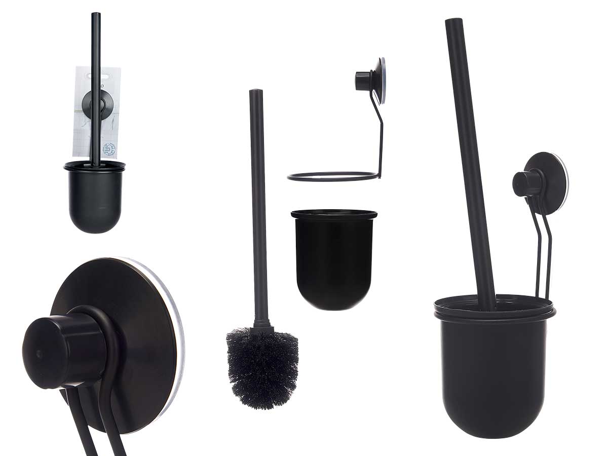 Soporte escobillero pared metal negro mate ventosa