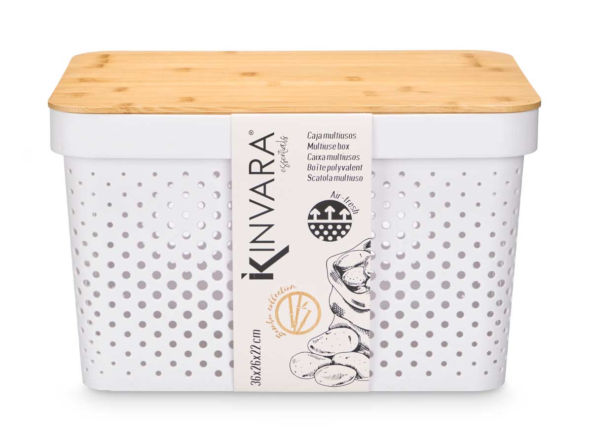 Caja multiusos perforada tapa bambu grd blanc 22cm - Imagen 3