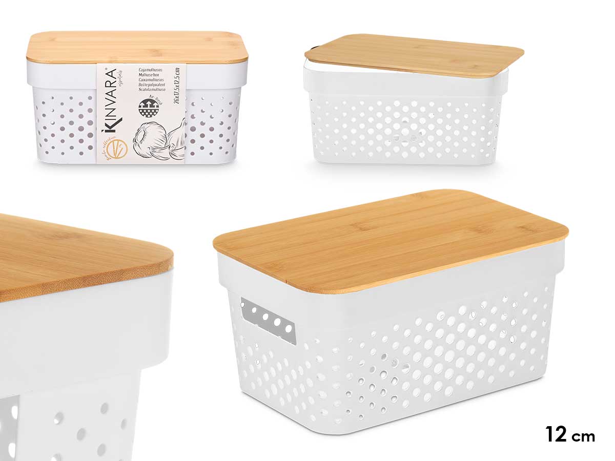 Caja multiusos perforada tapa bambu peq blanc 12cm