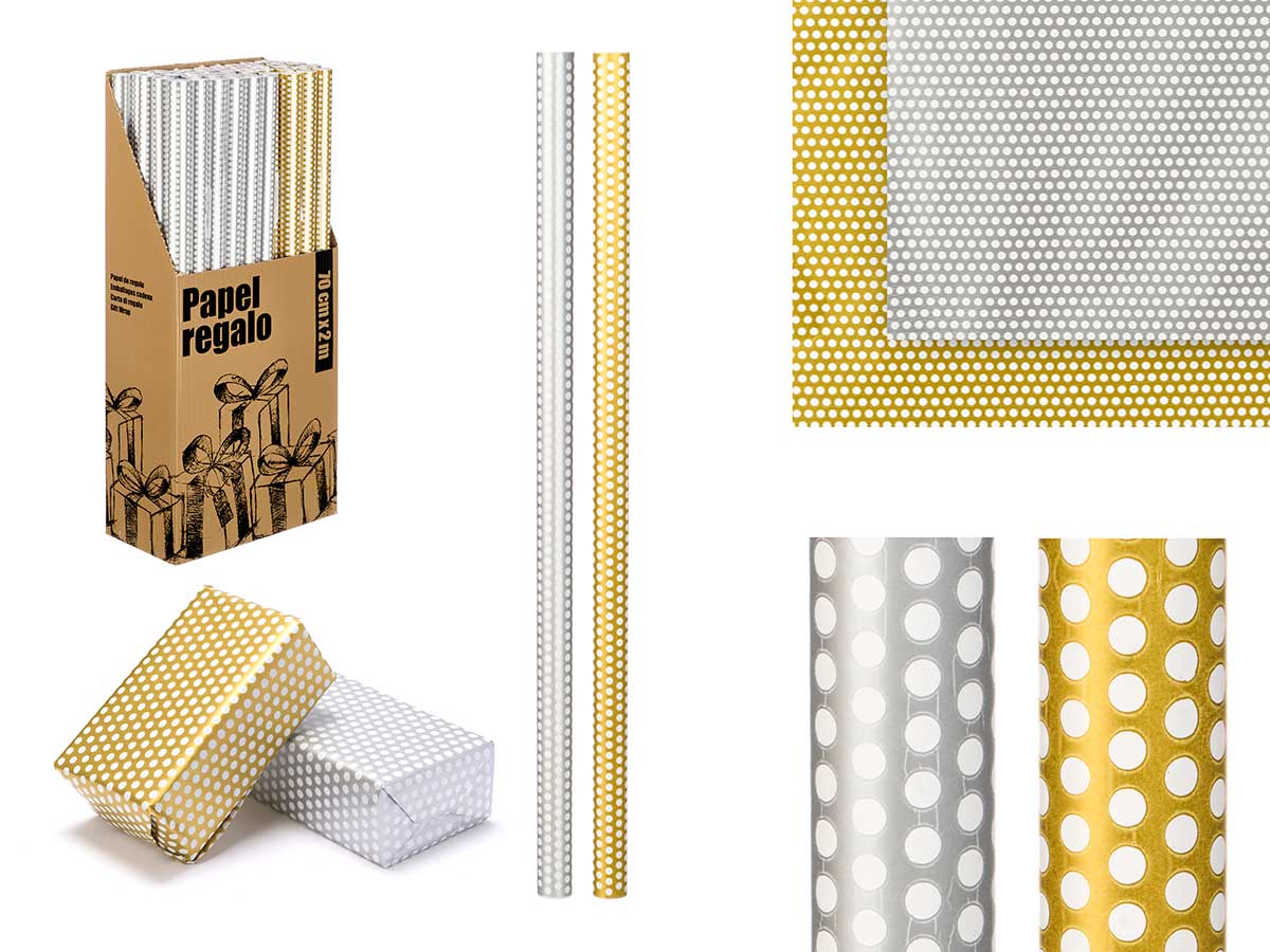 Rollo papel regalo 70x200 lunares oro plata