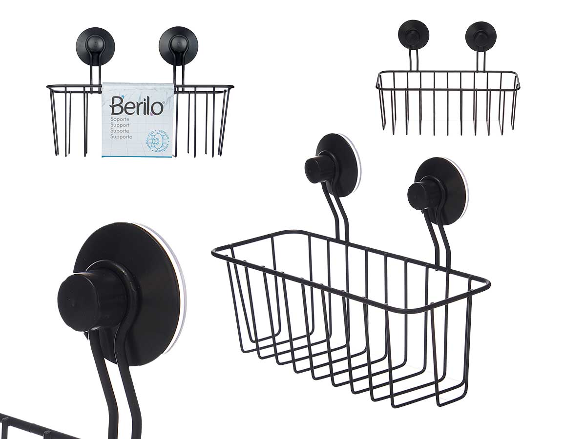 Soporte pared rectangular metal negro ventosa
