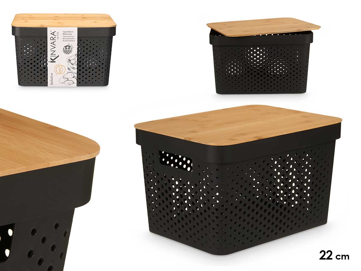 Caja multiusos perforada tapa bambu grd negra 22cm