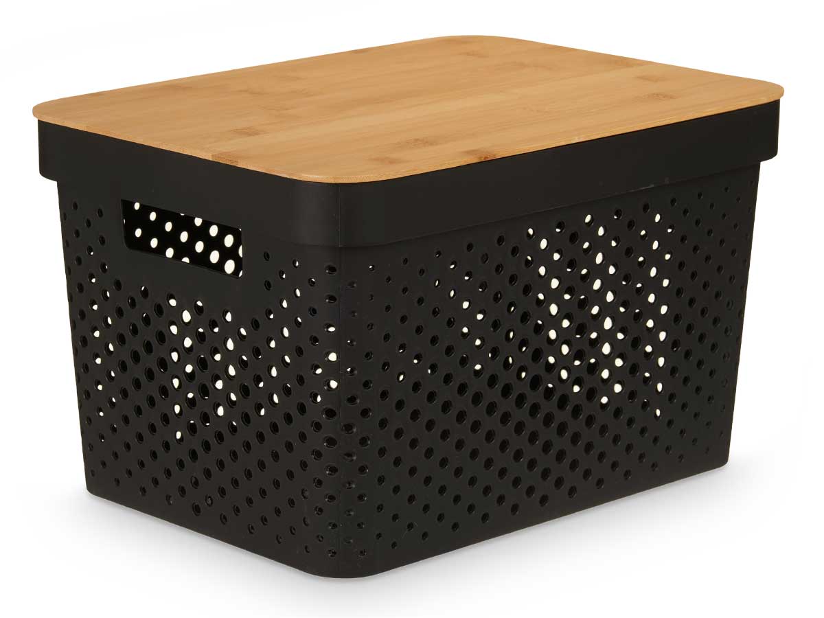 Caja multiusos perforada tapa bambu grd negra 22cm - Imagen 2