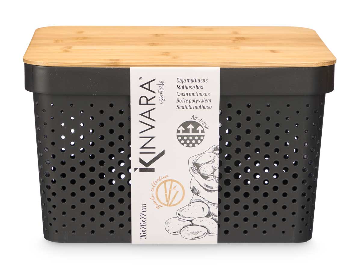 Caja multiusos perforada tapa bambu grd negra 22cm - Imagen 3