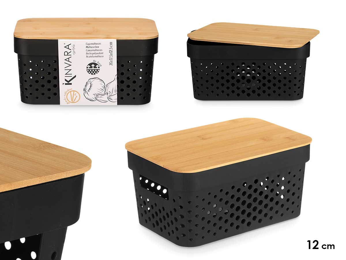 Caja multiusos perforada tapa bambu peq negra 12cm